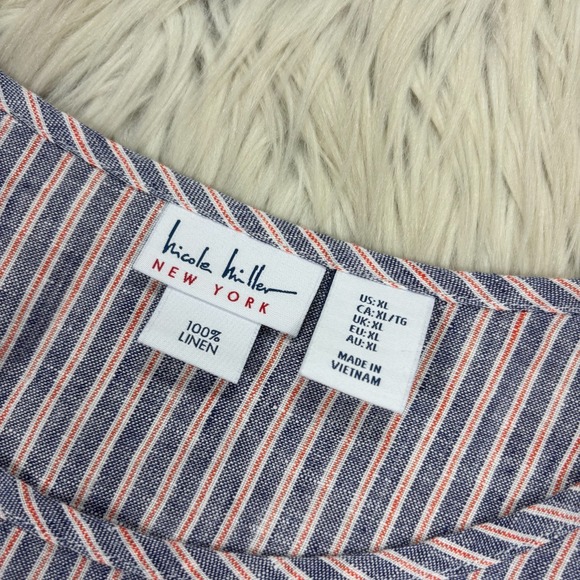 Nicole Miller Women's XL Blue Red White Striped Linen Pocket Tee Top Coastal 4th - Picture 3 of 5